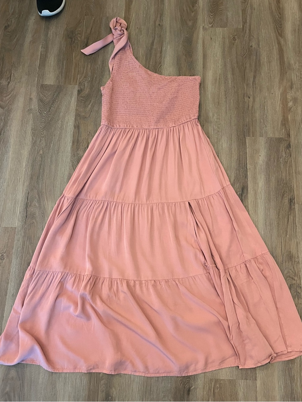 One-Shoulder Pink Tiered Maxi Dress with Slit